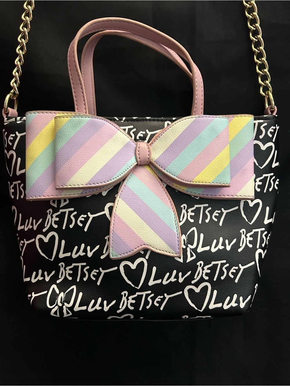 Betsey Johnson Graffiti Print Black Shoulder Bag With Pastel Striped Bow